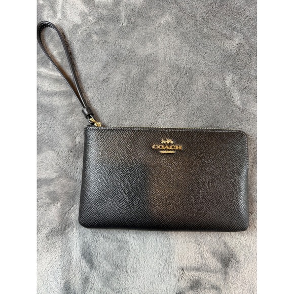 バッグ Coach Tattoo Wristlet Pouch Limited Ed Coach Black Pebbled Leather Wristlet Pouch Small Bag Gold Logo is